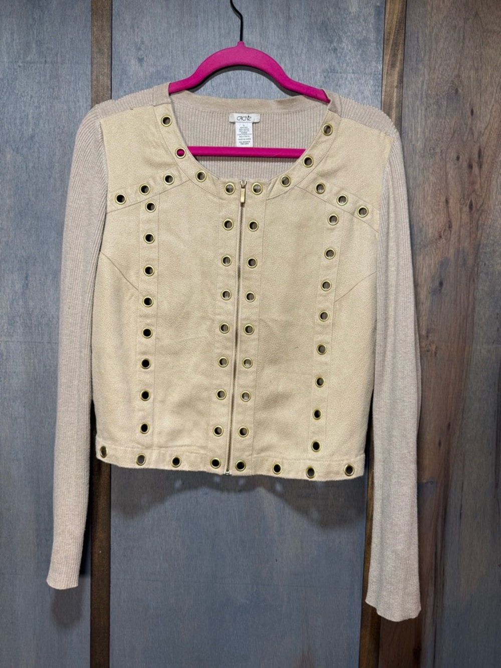 Cach’e Camel Color Grommet Waist Length Zipper Sweater Jacket Size XL
